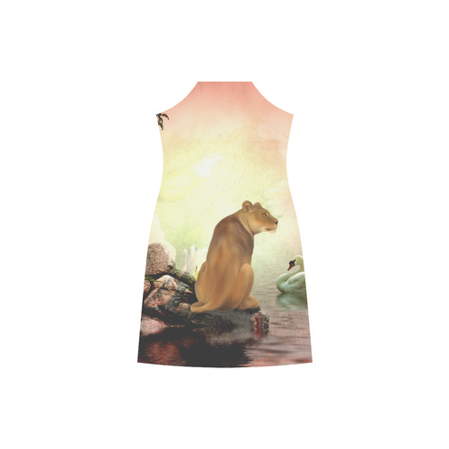 Awesome lioness in a fantasy world V-Neck Open Fork Long Dress(Model D18)