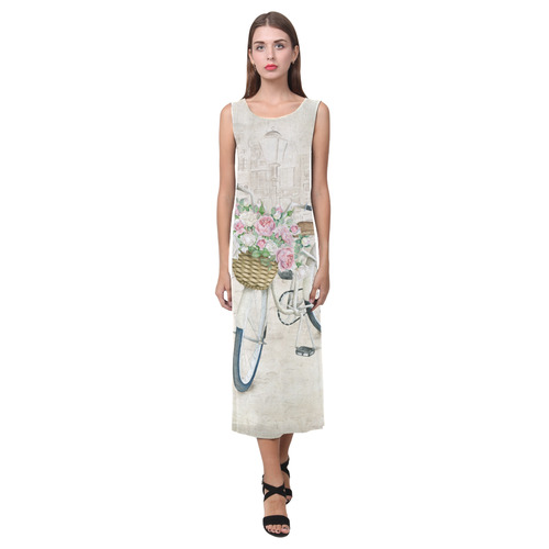 Vintage bicycle with roses basket Phaedra Sleeveless Open Fork Long Dress (Model D08)