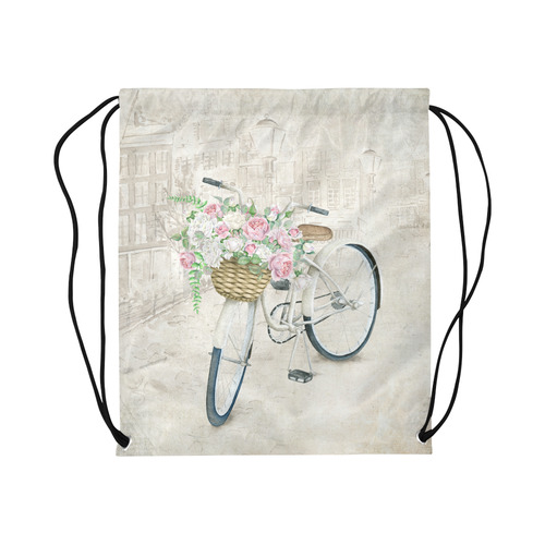 Vintage bicycle with roses basket Large Drawstring Bag Model 1604 (Twin Sides)  16.5"(W) * 19.3"(H)