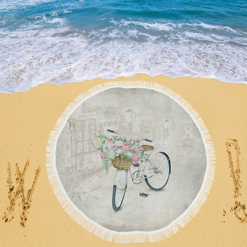 Vintage bicycle with roses basket Circular Beach Shawl 59"x 59"