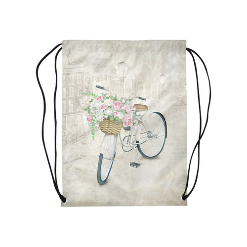 Vintage bicycle with roses basket Medium Drawstring Bag Model 1604 (Twin Sides) 13.8"(W) * 18.1"(H)