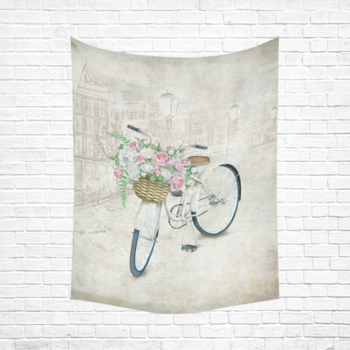 Vintage bicycle with roses basket Cotton Linen Wall Tapestry 60"x 80"