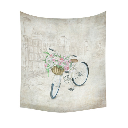 Vintage bicycle with roses basket Cotton Linen Wall Tapestry 51"x 60"
