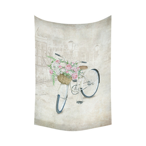 Vintage bicycle with roses basket Cotton Linen Wall Tapestry 60"x 90"