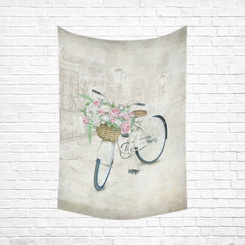 Vintage bicycle with roses basket Cotton Linen Wall Tapestry 60"x 90"