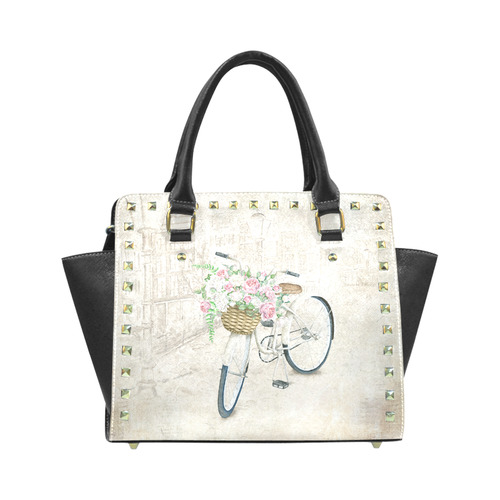 Vintage bicycle with roses basket Rivet Shoulder Handbag (Model 1645)