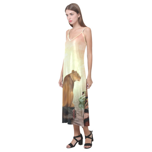 Awesome lioness in a fantasy world V-Neck Open Fork Long Dress(Model D18)