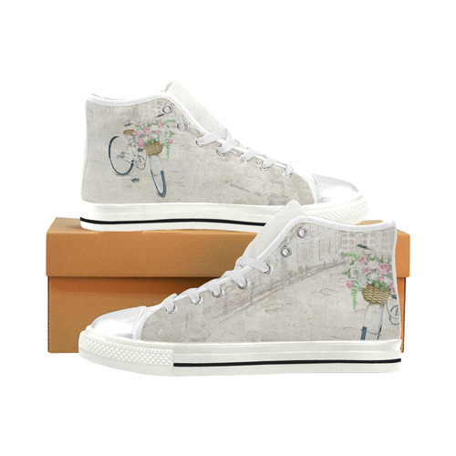 Vintage bicycle with roses basket High Top Canvas Women's Shoes/Large Size (Model 017)