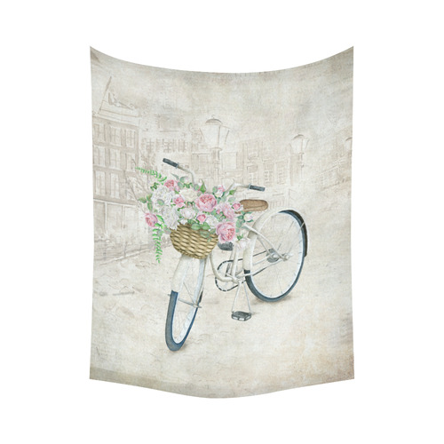 Vintage bicycle with roses basket Cotton Linen Wall Tapestry 60"x 80"