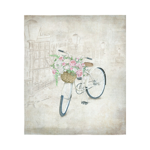 Vintage bicycle with roses basket Cotton Linen Wall Tapestry 51"x 60"