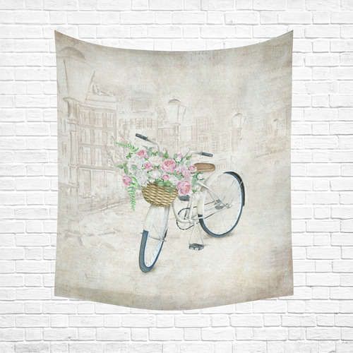 Vintage bicycle with roses basket Cotton Linen Wall Tapestry 51"x 60"