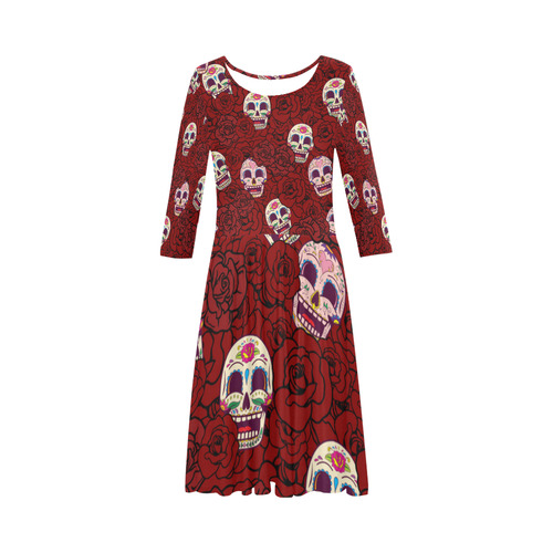 Rose Sugar Skull Elbow Sleeve Ice Skater Dress (D20)