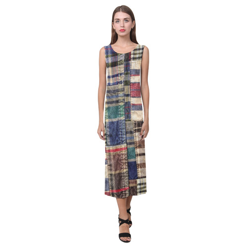 patchwork plaid / tartan Phaedra Sleeveless Open Fork Long Dress (Model D08)