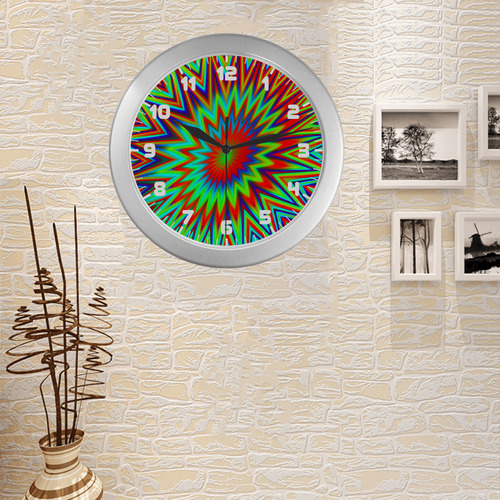 Red Yellow Blue Green Retro Explosion Of Color Silver Color Wall Clock