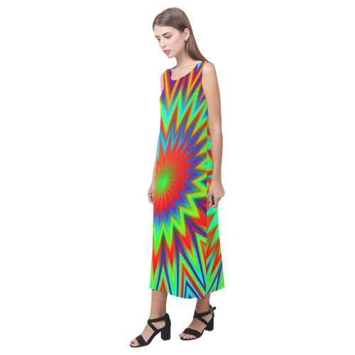 Red Yellow Blue Green Retro Psychedelic Color Explosion Phaedra Sleeveless Open Fork Long Dress (Model D08)