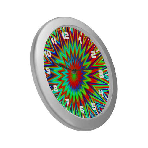 Red Yellow Blue Green Retro Explosion Of Color Silver Color Wall Clock