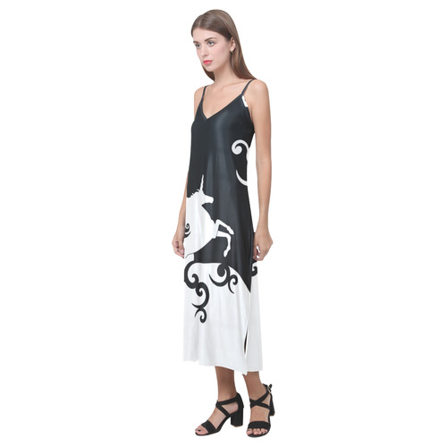Black and White Shadowworld of Unicorns V-Neck Open Fork Long Dress(Model D18)