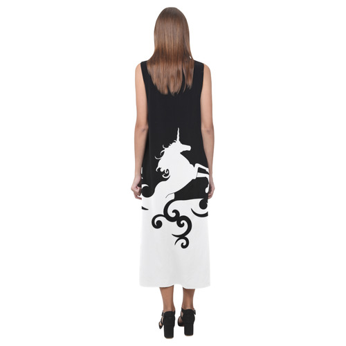 Black and White Shadowworld of Unicorns Phaedra Sleeveless Open Fork Long Dress (Model D08)