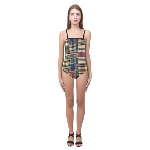 patchwork plaid / tartan Strap Swimsuit ( Model S05)
