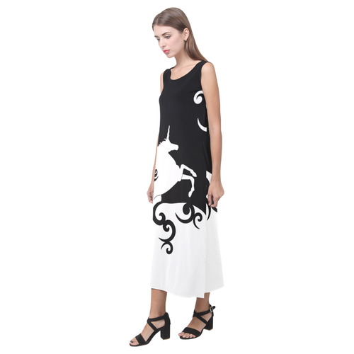 Black and White Shadowworld of Unicorns Phaedra Sleeveless Open Fork Long Dress (Model D08)