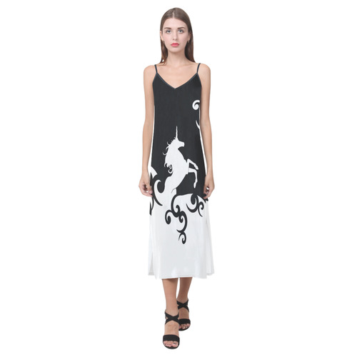 Black and White Shadowworld of Unicorns V-Neck Open Fork Long Dress(Model D18)