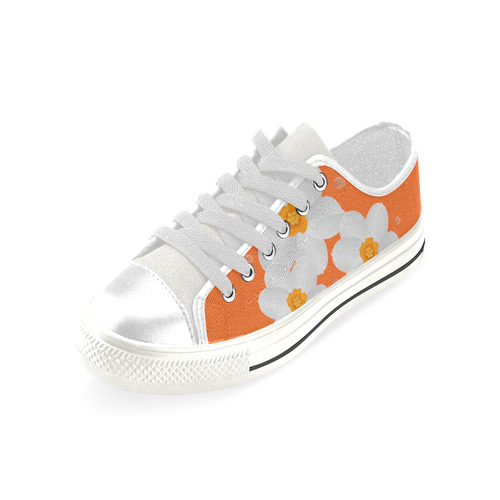 White FLowers on Blue and Orange Low Top Canvas Shoes for Kid (Model 018)