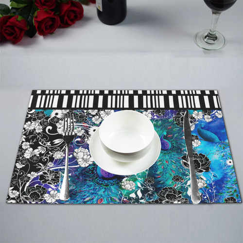 Peacock Flower Scroll Stripe Print Placemat Set Placemat 12’’ x 18’’ (Six Pieces)