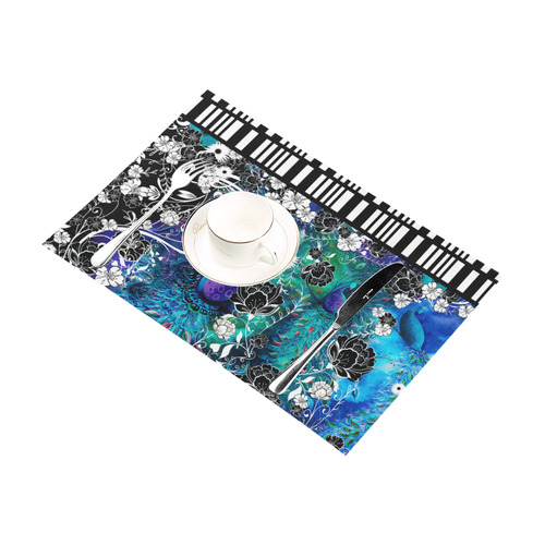 Peacock Flower Scroll Stripe Print Placemat Set Placemat 12’’ x 18’’ (Six Pieces)