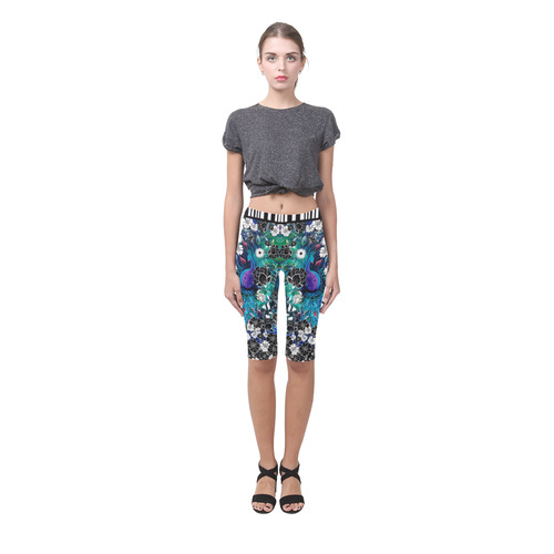 Peacock Flower Scroll Stripe Print Leggings Hestia Cropped Leggings (Model L03)