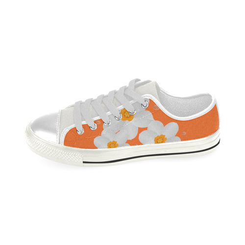 White FLowers on Blue and Orange Low Top Canvas Shoes for Kid (Model 018)