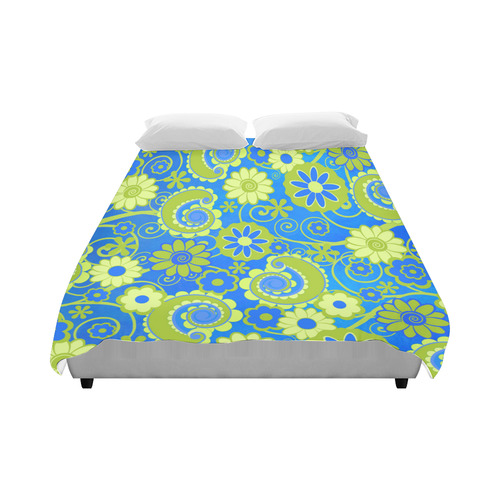 Blue Lime Fun Flowers Print Duvet Cover Duvet Cover 86"x70" ( All-over-print)