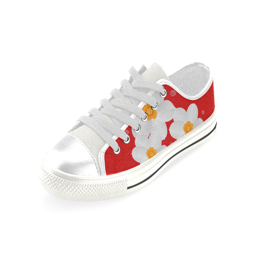 White Flowers on Red Low Top Canvas Shoes for Kid (Model 018)