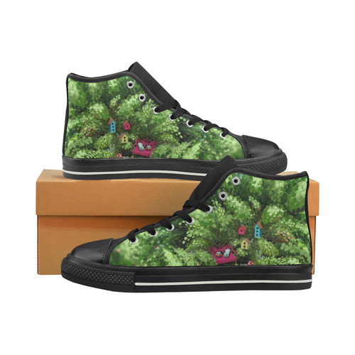 Birds and nest boxes in fairy tale garden, kids Women's Classic High Top Canvas Shoes (Model 017)