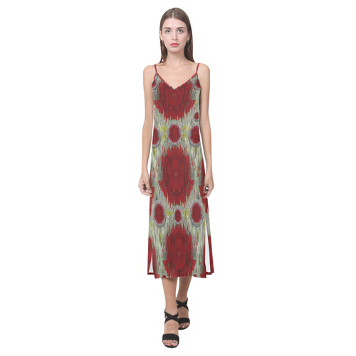 paint on water falls in peace and calm V-Neck Open Fork Long Dress(Model D18)