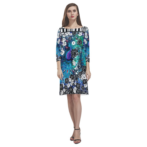 Gorgeous Peacock Flower Stripe Print Dress Rhea Loose Round Neck Dress(Model D22)