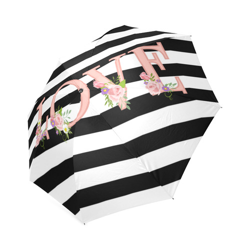 Black and White Stripes, Pink LOVE word, Pink Lilac Flowers Foldable Umbrella (Model U01)