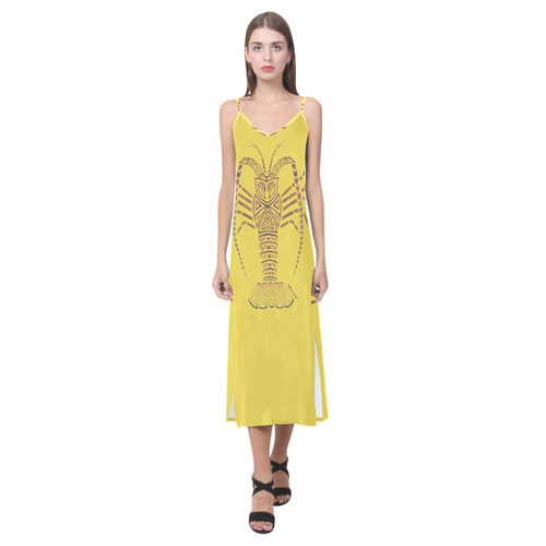 Tribal Lobster on Lemon V-Neck Open Fork Long Dress(Model D18)