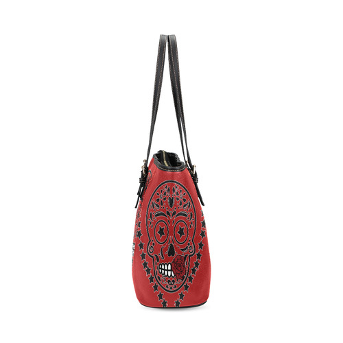 Sugar Skull Red Rose Black Leather Tote Bag/Large (Model 1640)