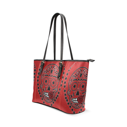 Sugar Skull Red Rose Black Leather Tote Bag/Large (Model 1640)