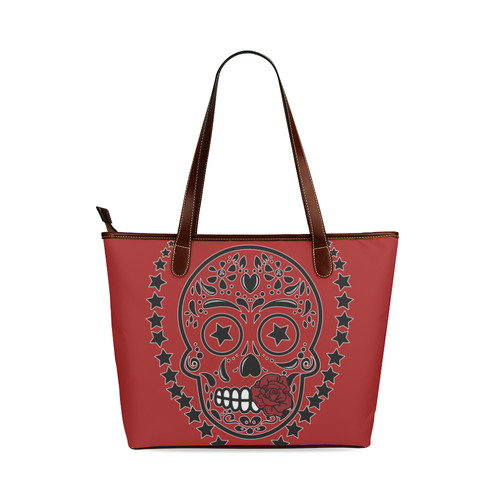 Sugar Skull Red Rose Black Shoulder Tote Bag (Model 1646)