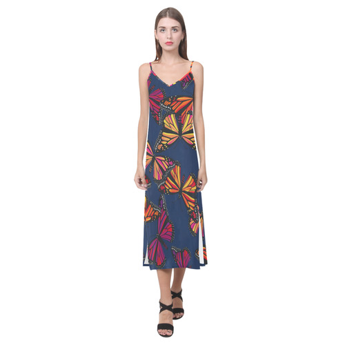 Hot Monarchs on Navy V-Neck Open Fork Long Dress(Model D18)