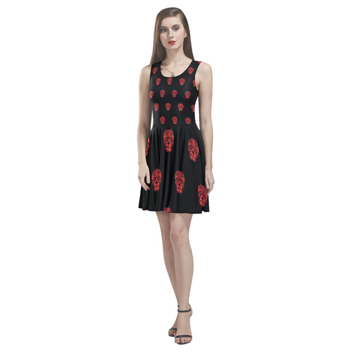 skull pattern red Thea Sleeveless Skater Dress(Model D19)