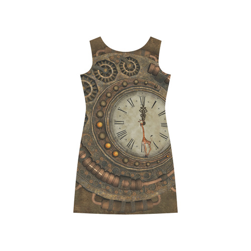 Steampunk clock, cute giraffe Rhea Loose Round Neck Dress(Model D22)