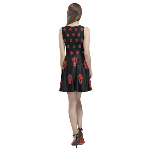 skull pattern red Thea Sleeveless Skater Dress(Model D19)