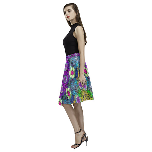 Colors and flowers in a mandala Melete Pleated Midi Skirt (Model D15)