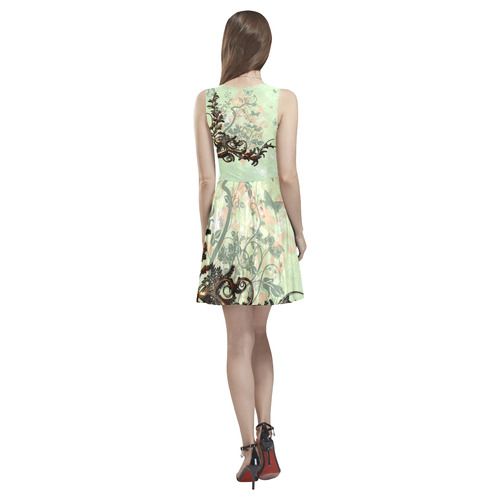 Flower power on soft green background Thea Sleeveless Skater Dress(Model D19)