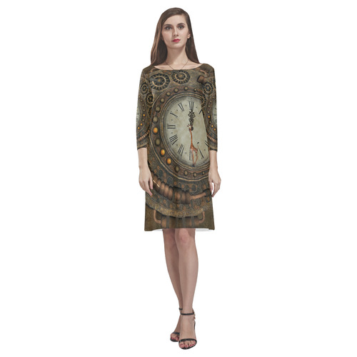 Steampunk clock, cute giraffe Rhea Loose Round Neck Dress(Model D22)