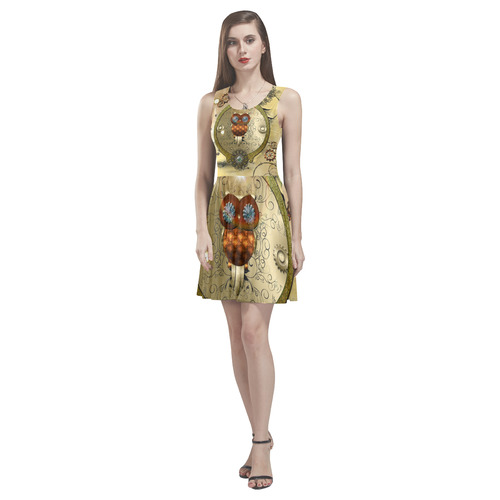 Steampunk, wonderful owl Thea Sleeveless Skater Dress(Model D19)