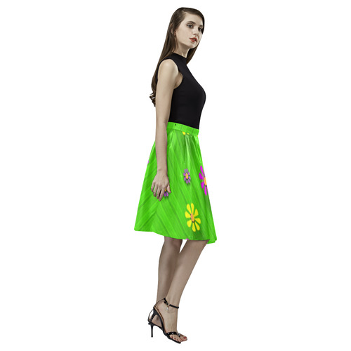 flower print on green Melete Pleated Midi Skirt (Model D15)