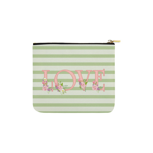Green Stripes, Pink LOVE word, Pink Lilac Flowers Carry-All Pouch 6''x5''